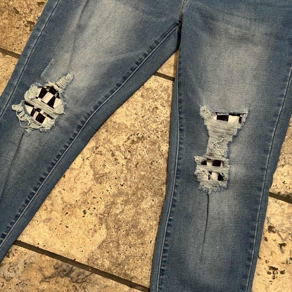 Checkered Patch Distressed Light Blue Jeans - image 5